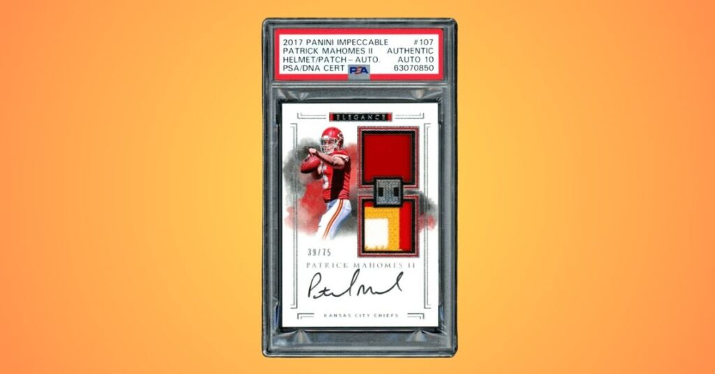 2017 Panini Impeccable Patrick Mahomes Rookie Card Autograph Patch/Helmet #107 /75